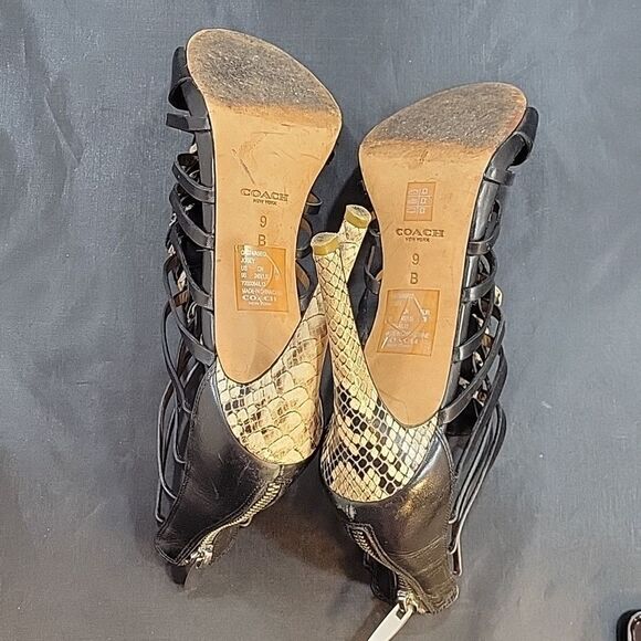 COACH JOSEY WOMEN'S BLACK LEATHER SNAKE HIGH HEELS OPEN TOE SHOES - Picture 14 of 16
